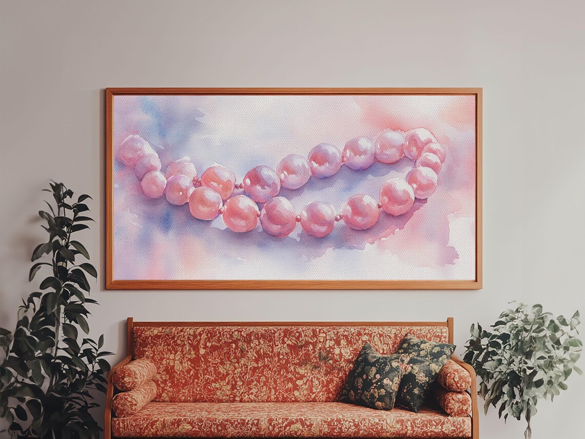 Pink Pearl Necklace Wide Horizontal Soft Watercolor Jewelry Wall Art