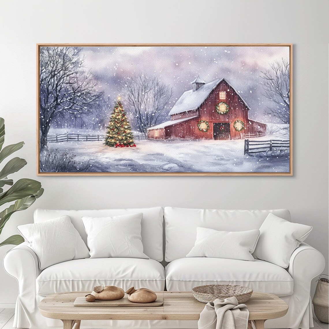 Red Barn Christmas Tree Falling Snow Glowing Holiday Farm Art Print - Image 4