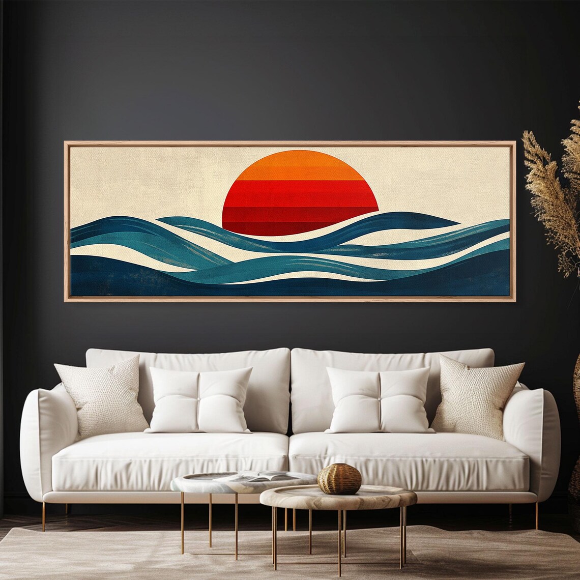Retro Sunset Over Ocean Waves Teal Navy Vintage Style Travel Poster - Image 5