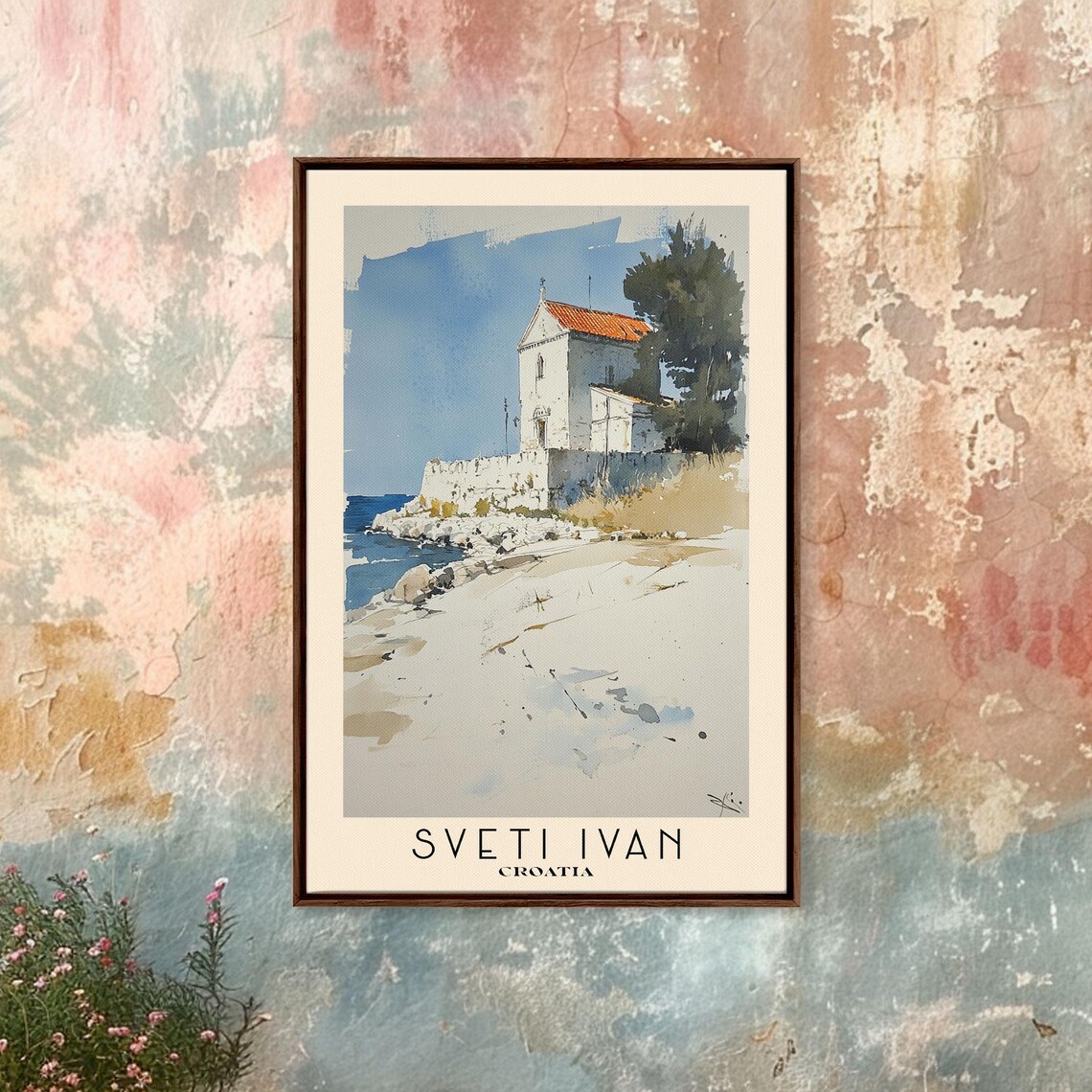 Sveti Ivan Croatia White Chapel Rocky Coast Watercolor Poster - Image 2