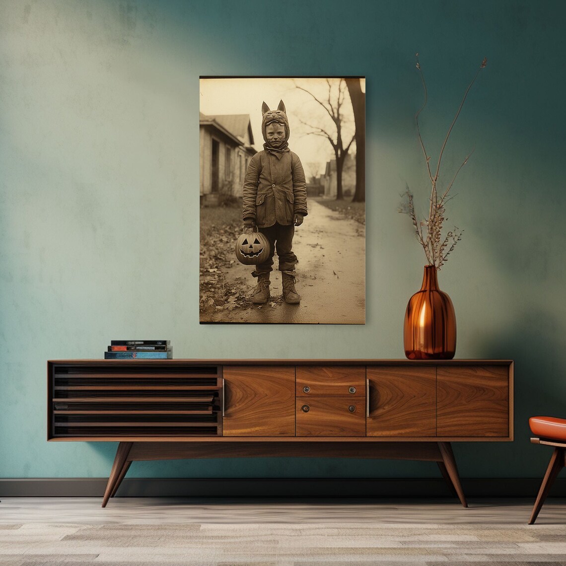 Vintage Halloween Photo Child Cat Costume Pumpkin Trick Or Treat Art Poster - Image 5