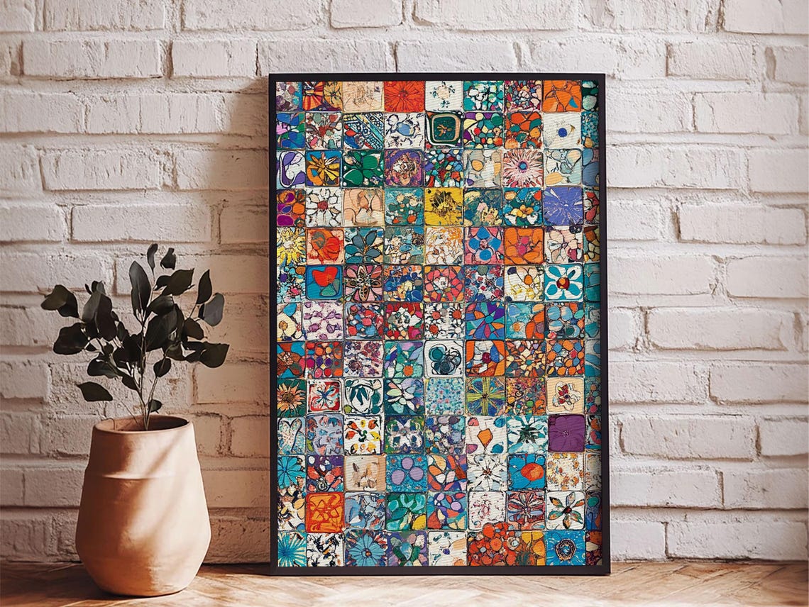 Colorful Floral Mosaic Squares Patchwork Boho Tile Art Print - Image 4