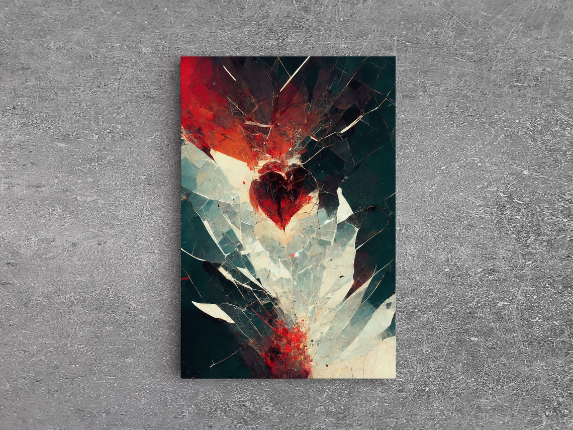 Abstract Shattered Glass Broken Heart In Red Black White Modern Print