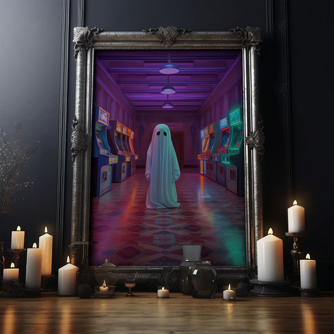 Lonely Ghost In Neon Retro Arcade Hallway Vaporwave Halloween Print - Image 4
