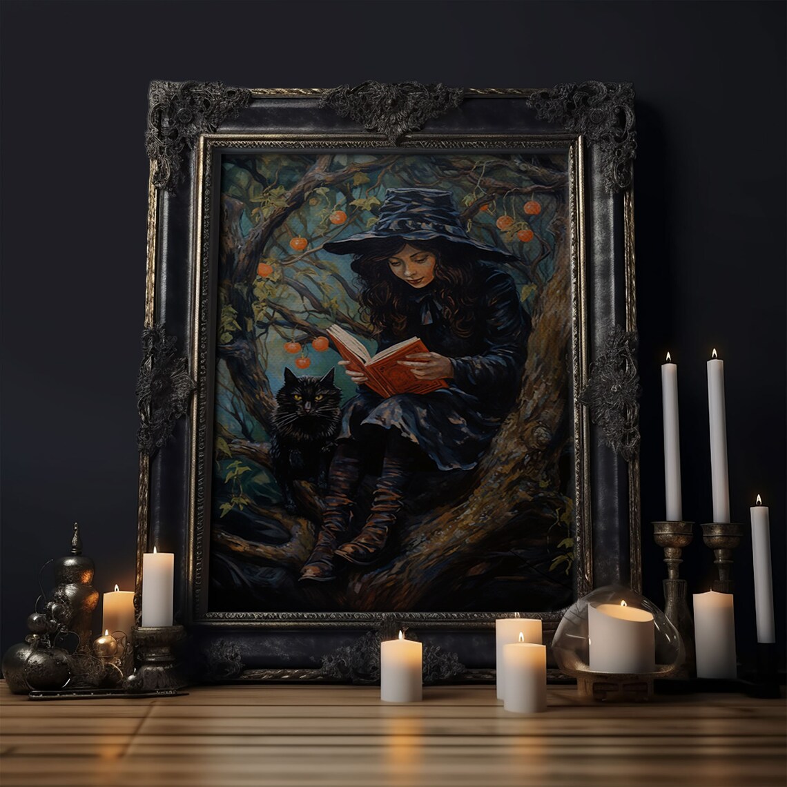Witch Reading Spell Book In Tree With Black Cat Vintage Halloween Print - Image 6