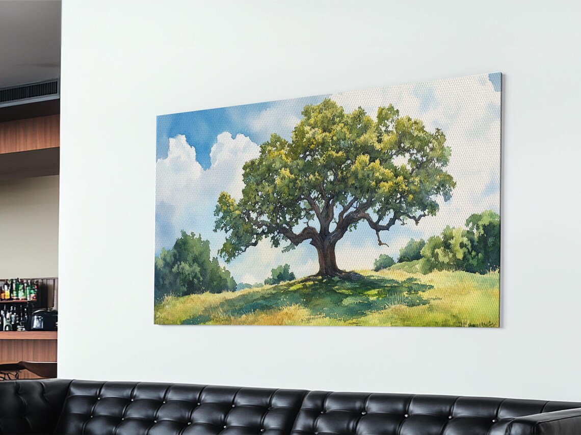 Majestic Oak Tree Sunny Meadow Blue Sky Watercolor Landscape Poster - Image 2