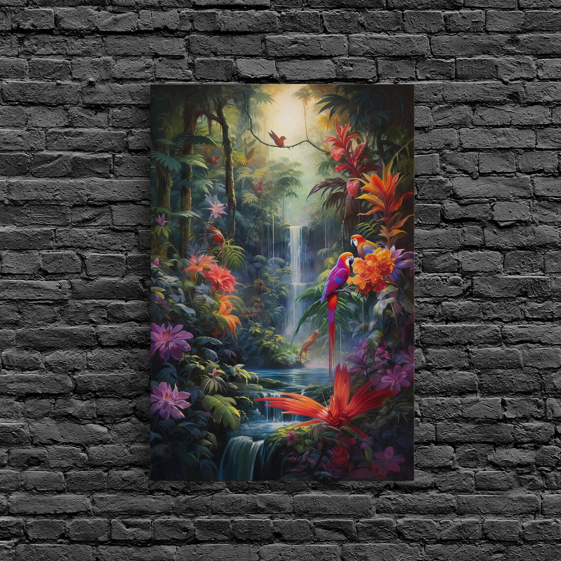 Jungle Birds and Waterfalls Tropical Art Print