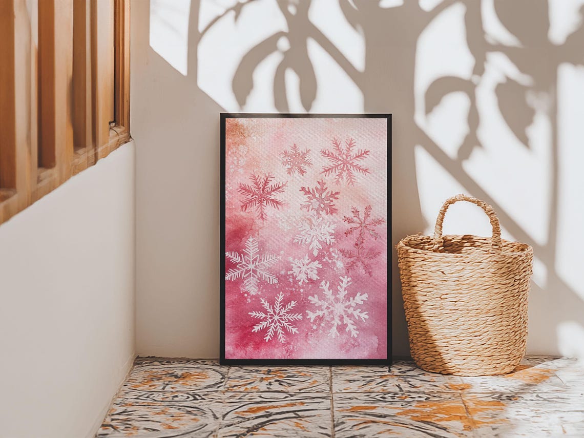 Pink Snowflakes Watercolor Winter Christmas Holiday Art Print - Image 2