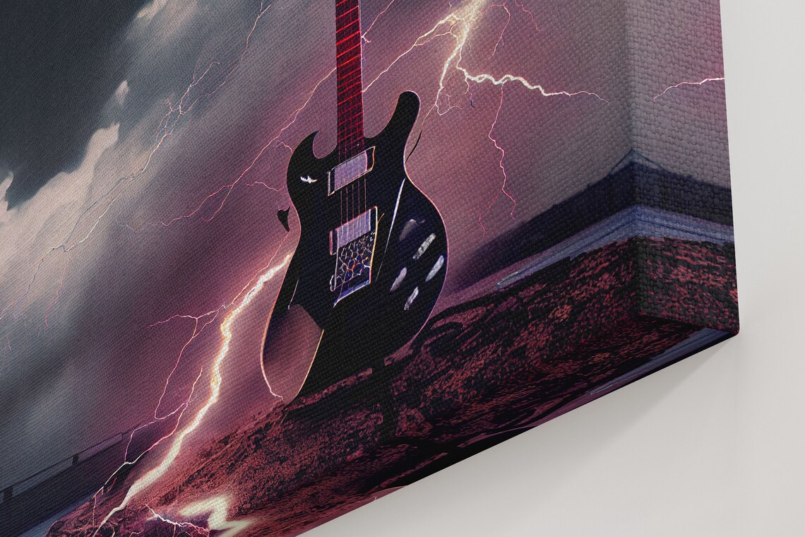 Rock N Roll Lightning Striking Black Guitar Art Print - Image 2