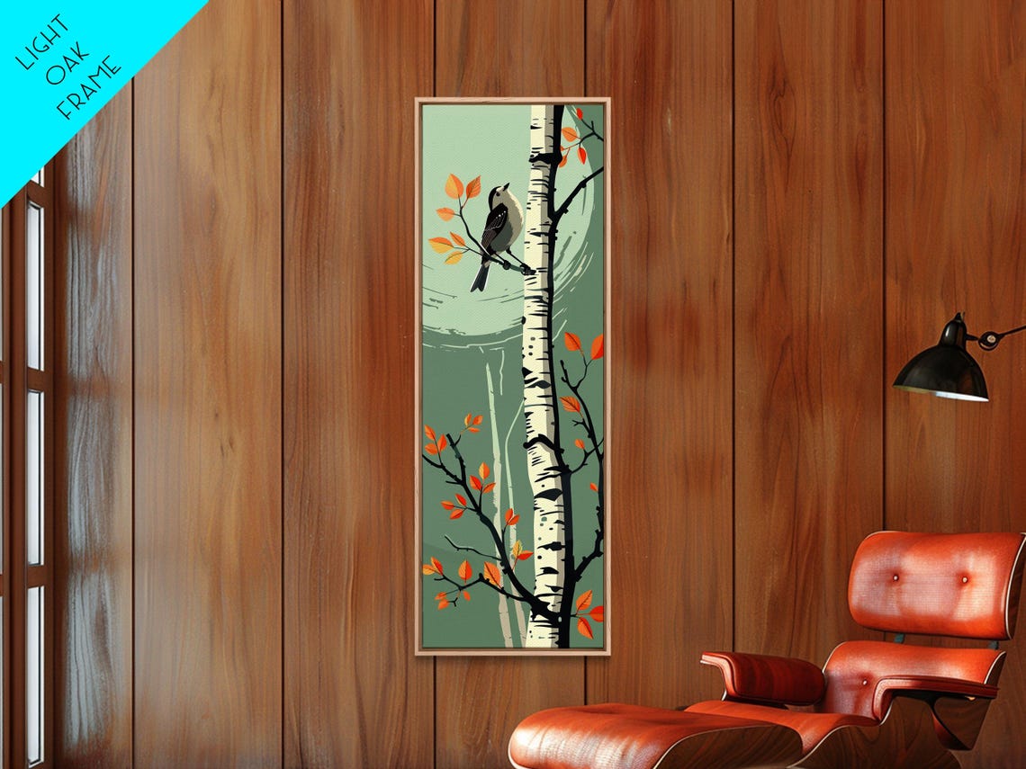 Songbird On Birch Tree Autumn Orange Leaves Vertical Art Print - Image 6