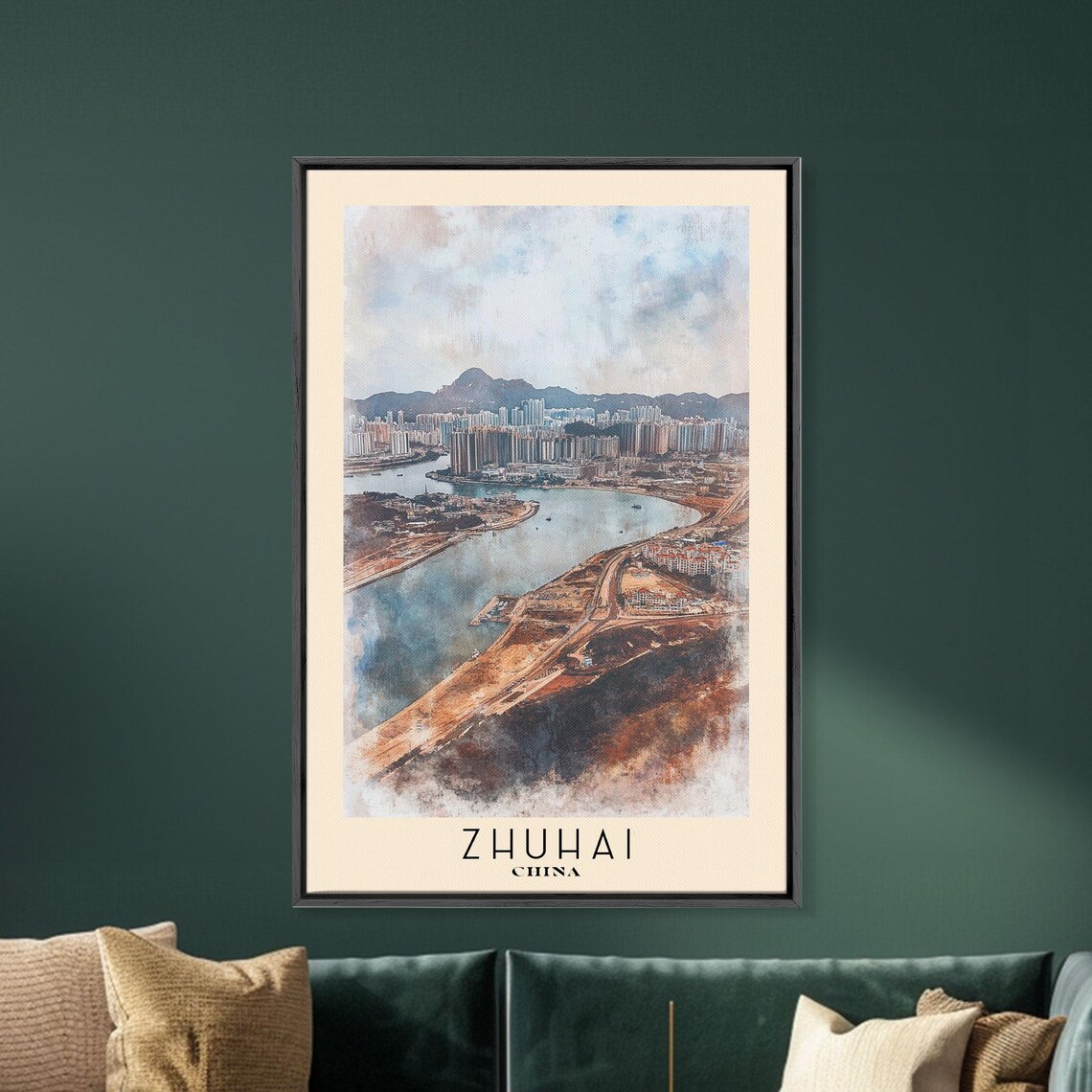 Zhuhai China Harbor Skyline Cityscape Watercolor Travel Poster - Image 5