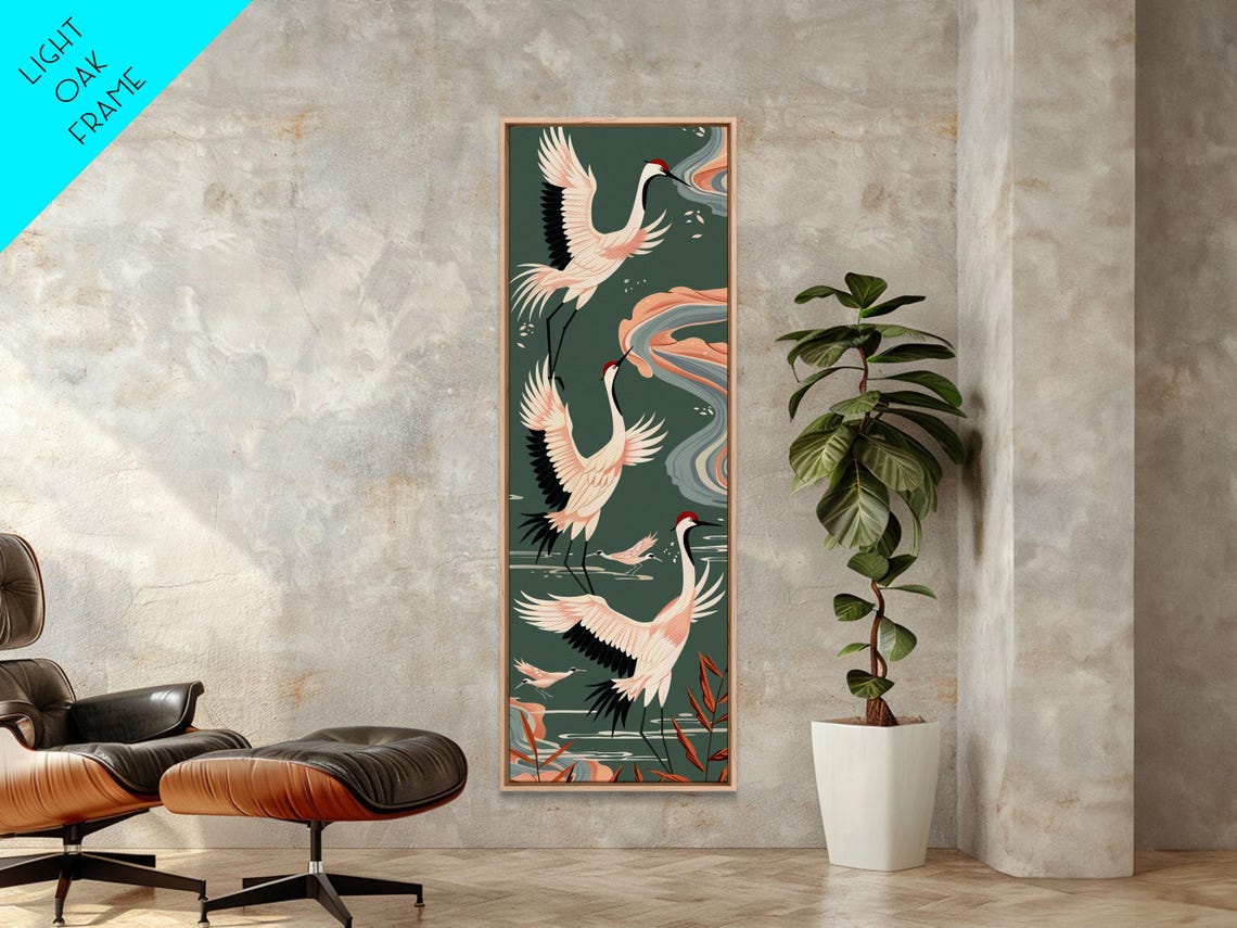 Cranes In Flight Red Crowned Teal Clouds Japanese Art Poster
