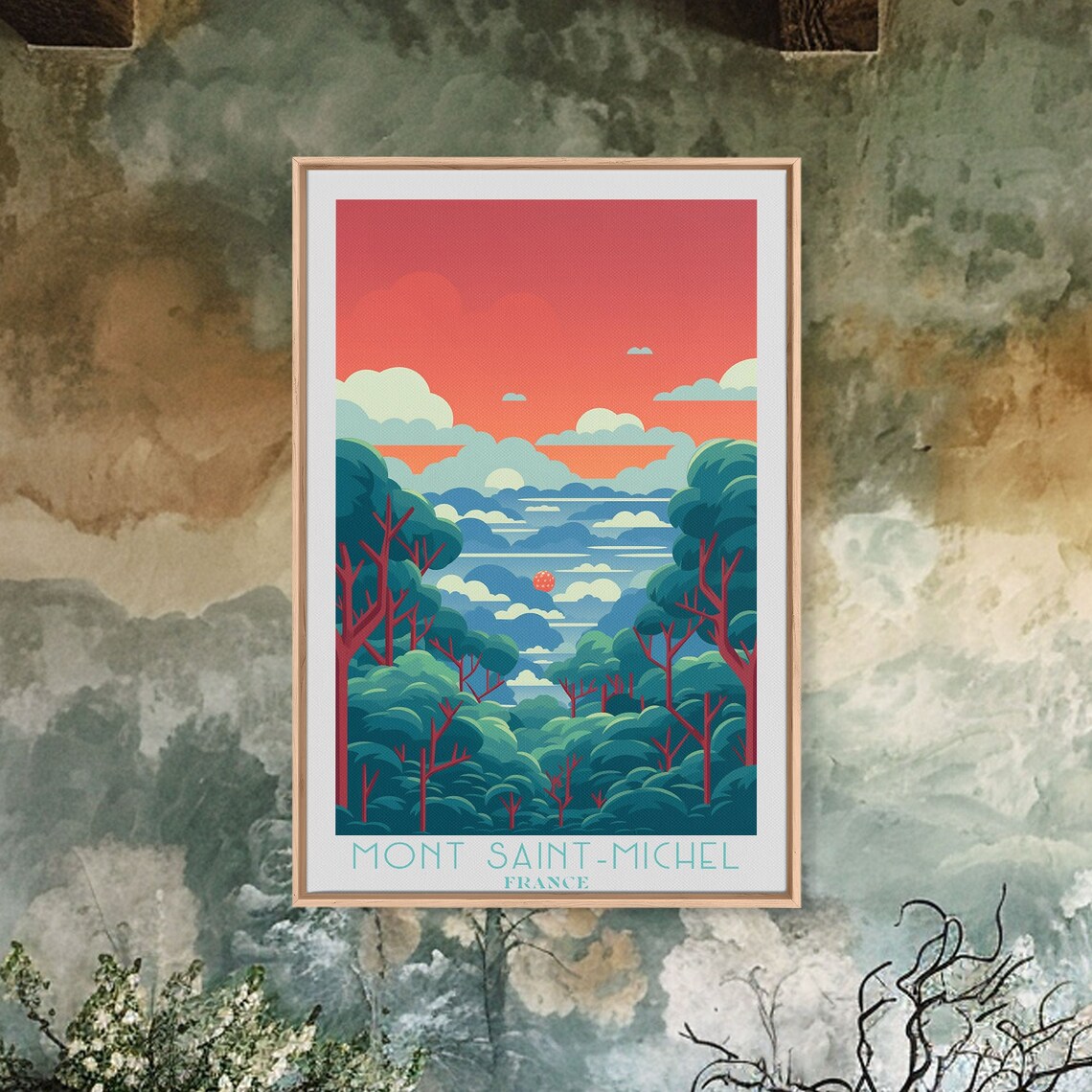 Red Sunset Forest Crimson Sky Tall Pine Trees Dreamy Wall Art Poster