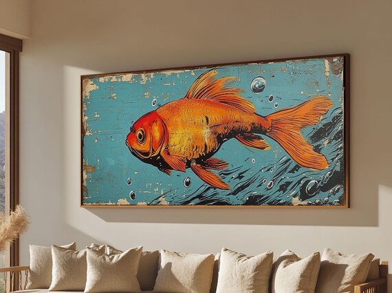 Retro 80s Style Painting Of A Gold Fish Framed Print Home Decor Gift Artwork Fish Painting Fish Art