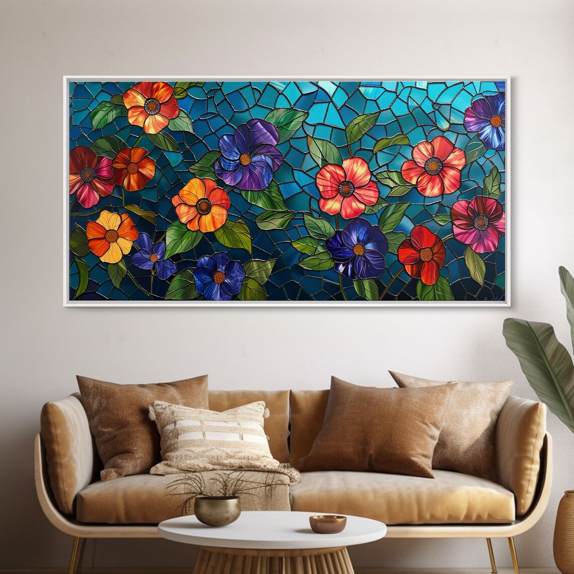 Stained Glass Flowers Turquoise Mosaic Colorful Blooms Wall Art Poster - Image 5