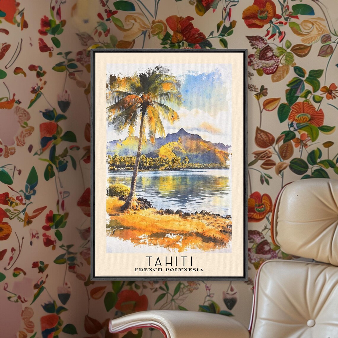 Tahiti French Polynesia Palm Tree Golden Shore Mountain Lagoon Poster