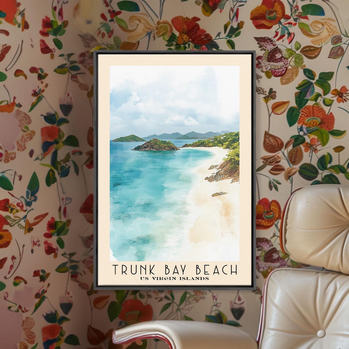 Trunk Bay Beach Us Virgin Islands Watercolor Beach Print Vacation Gift Wall Art Framed Print Framed Beach Painting
