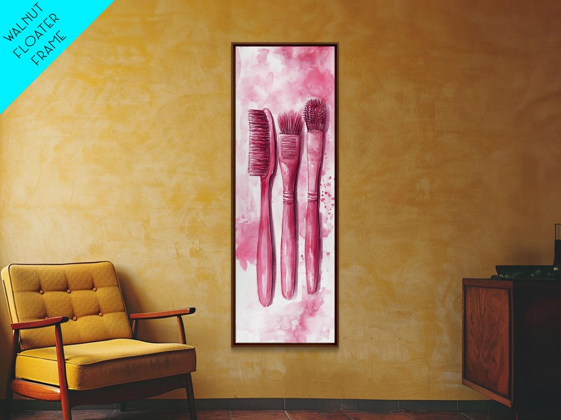 Pink Makeup Brushes Watercolor Vertical Beauty Vanity Art Poster - Image 2