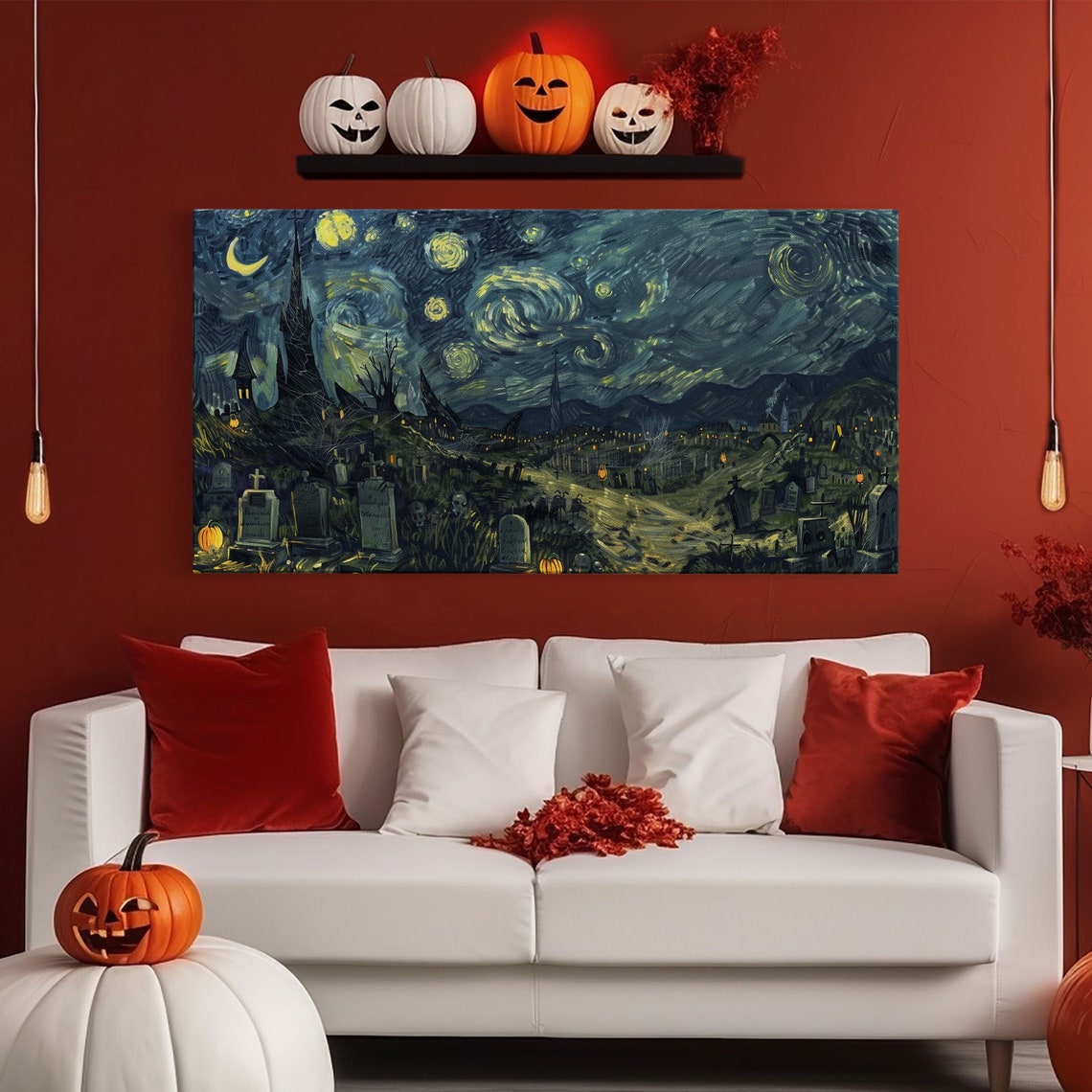 Starry Night Inspired Haunted Cemetery Framed Print Halloween Wall Decor Art Prints Creepy Art - Image 6