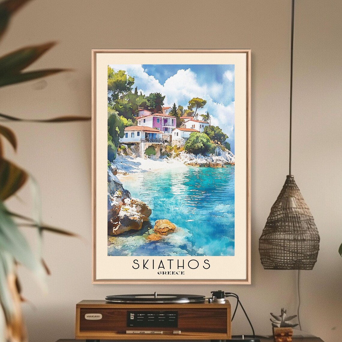 Skiathos Greece Colorful Hillside Village Turquoise Cove Watercolor Poster - Image 3