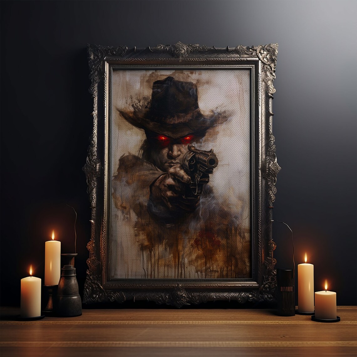 Haunting Cowboy Red Eyes Revolver Dark Western Gothic Art Poster - Image 4