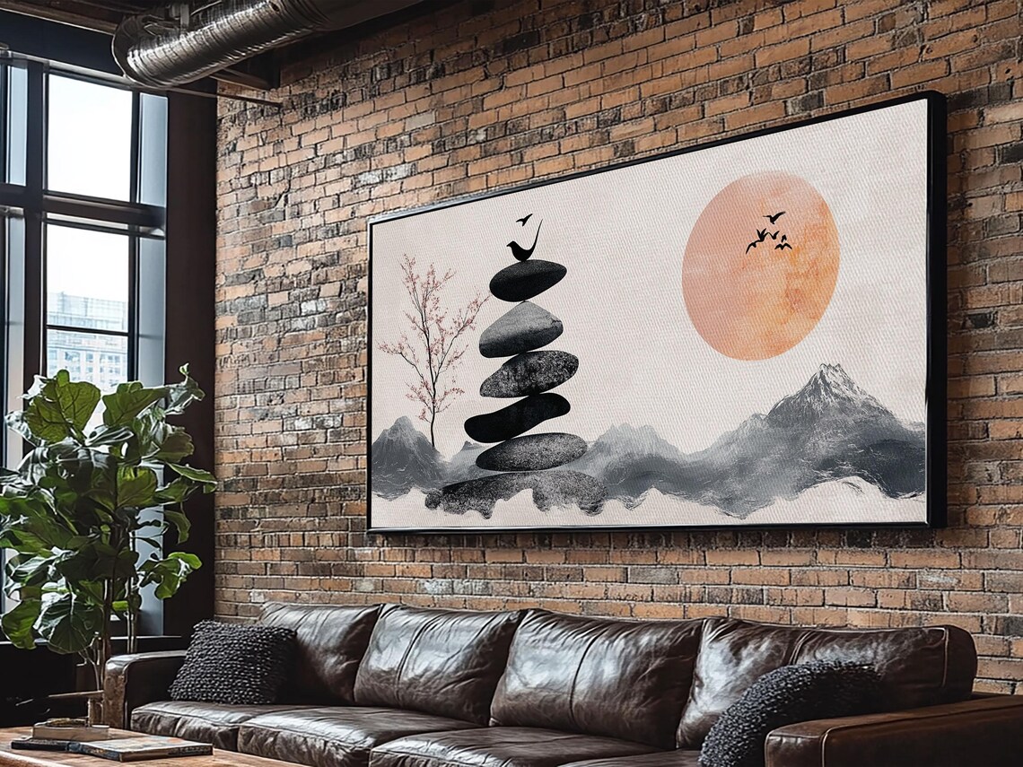 Wabi Sabi Birds On Stone Cairn Japanese Zen Ink Minimalist Poster - Image 2