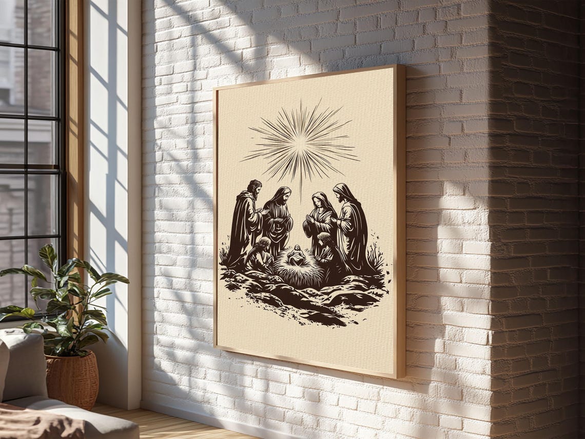 Nativity Scene Under Radiant Star Black Silhouette Christmas Poster - Image 4