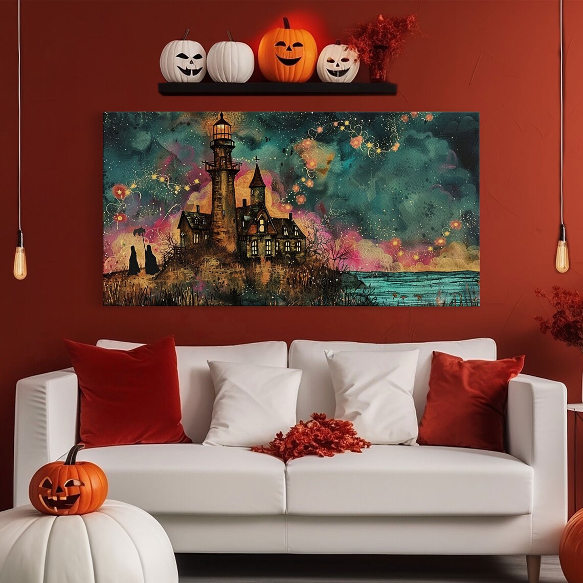 Haunted Lighthouse Seaside Cliff Colorful Starry Sky Midcentury Halloween Poster - Image 6