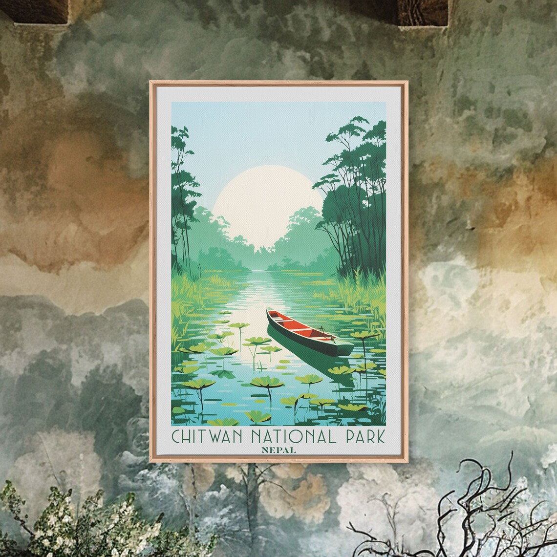 Chitwan National Park Nepal Jungle River Canoe Lily Pads Sunrise Travel Poster - Image 4