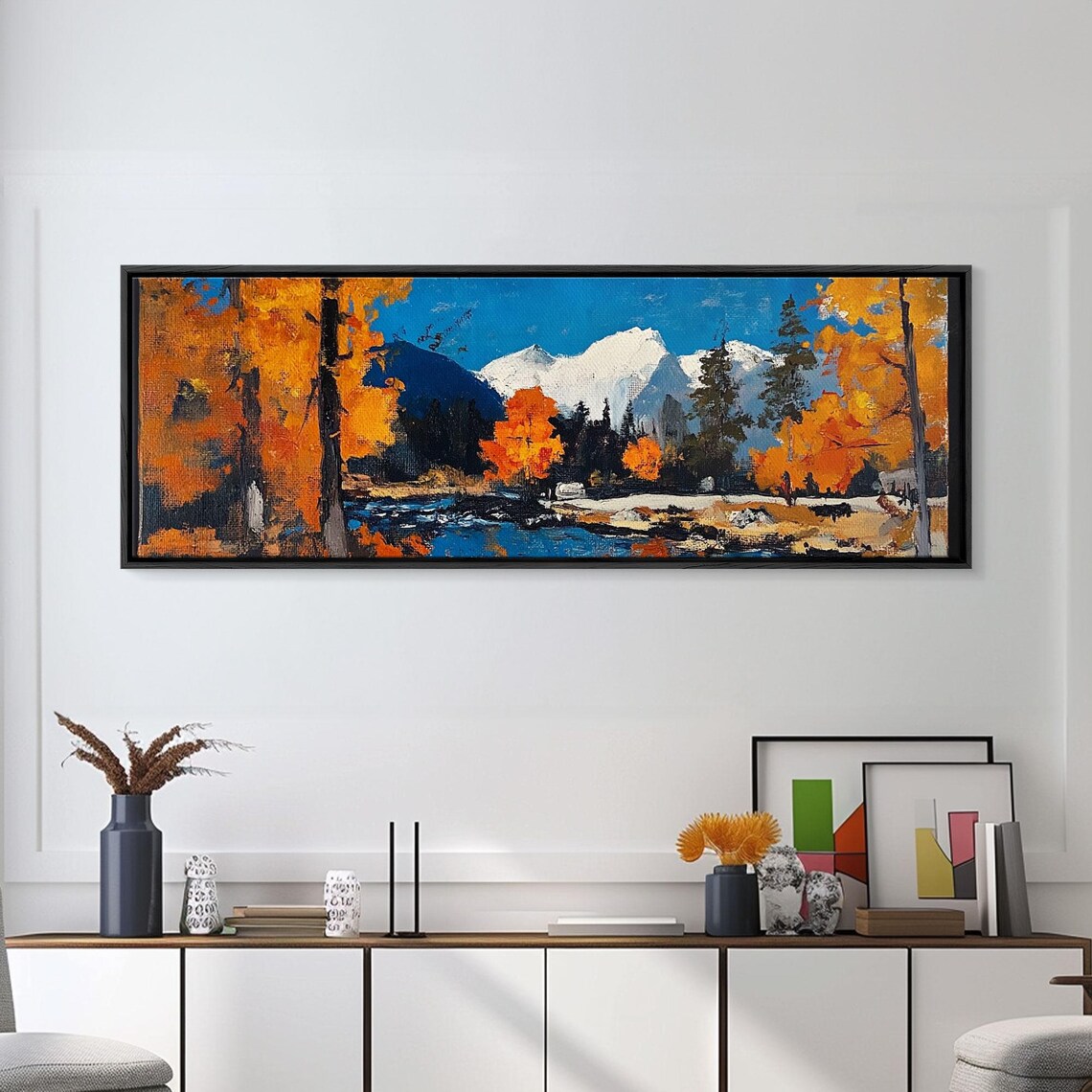 Fall Woodland Stream Golden Birches Snow Capped Mountain Poster - Image 3
