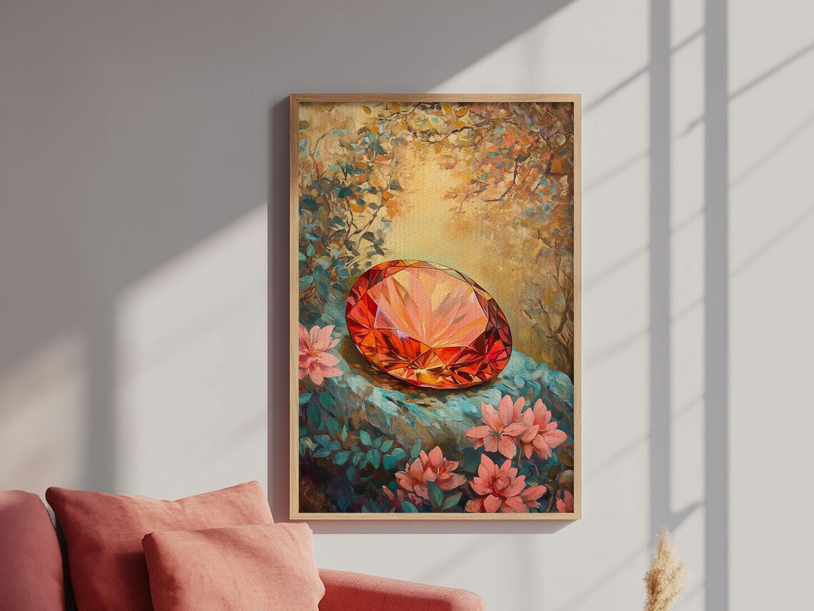 Red Gemstone Crystal Over Floral Garden Fantasy Wall Art Print - Image 4