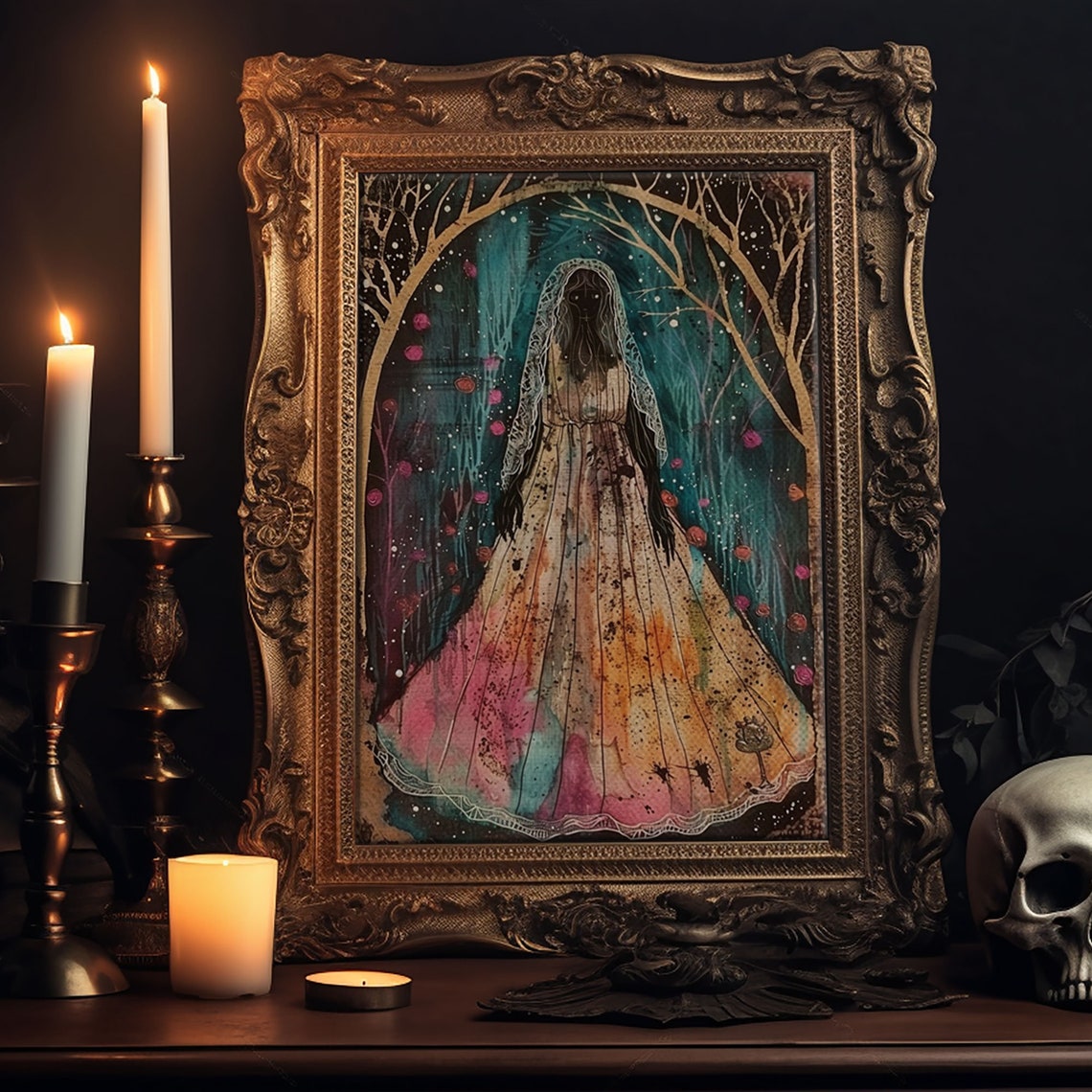 Veiled Ghost Lady Colorful Gown Dark Forest Halloween Art Poster - Image 6