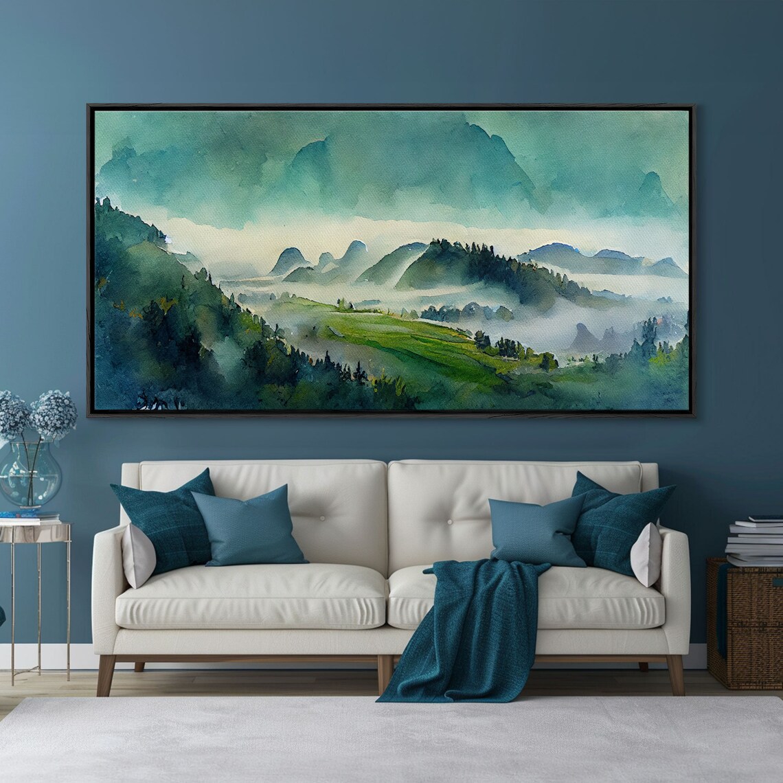 Blue Green Mountain Valley Watercolor Art Print - Image 3