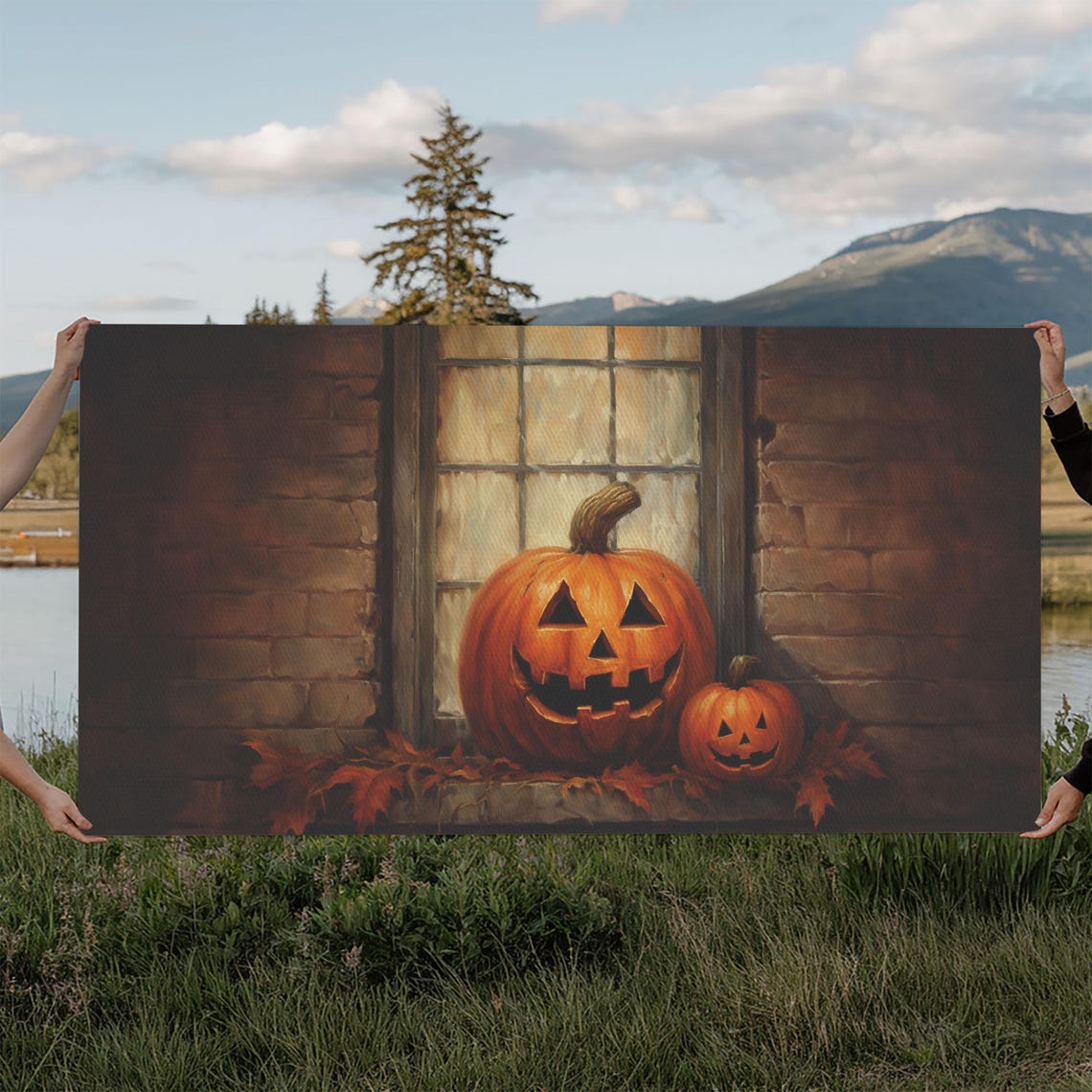 Jack O Lantern Pumpkins Windowsill Autumn Leaves Halloween Art Poster