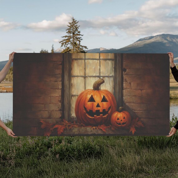 Jack O Lantern Pumpkins Windowsill Autumn Leaves Halloween Art Poster