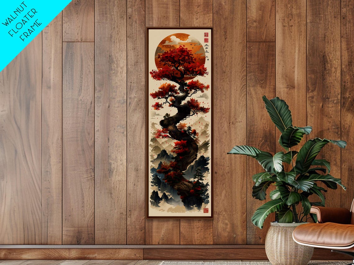Majestic Bonsai Tree Under Golden Sun Red Leaves Tall Art Print