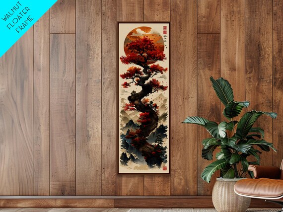 Majestic Bonsai Tree Under The Golden Sun Skinny Art Ukiyo E Tall Framed Print With Mountain Landscape