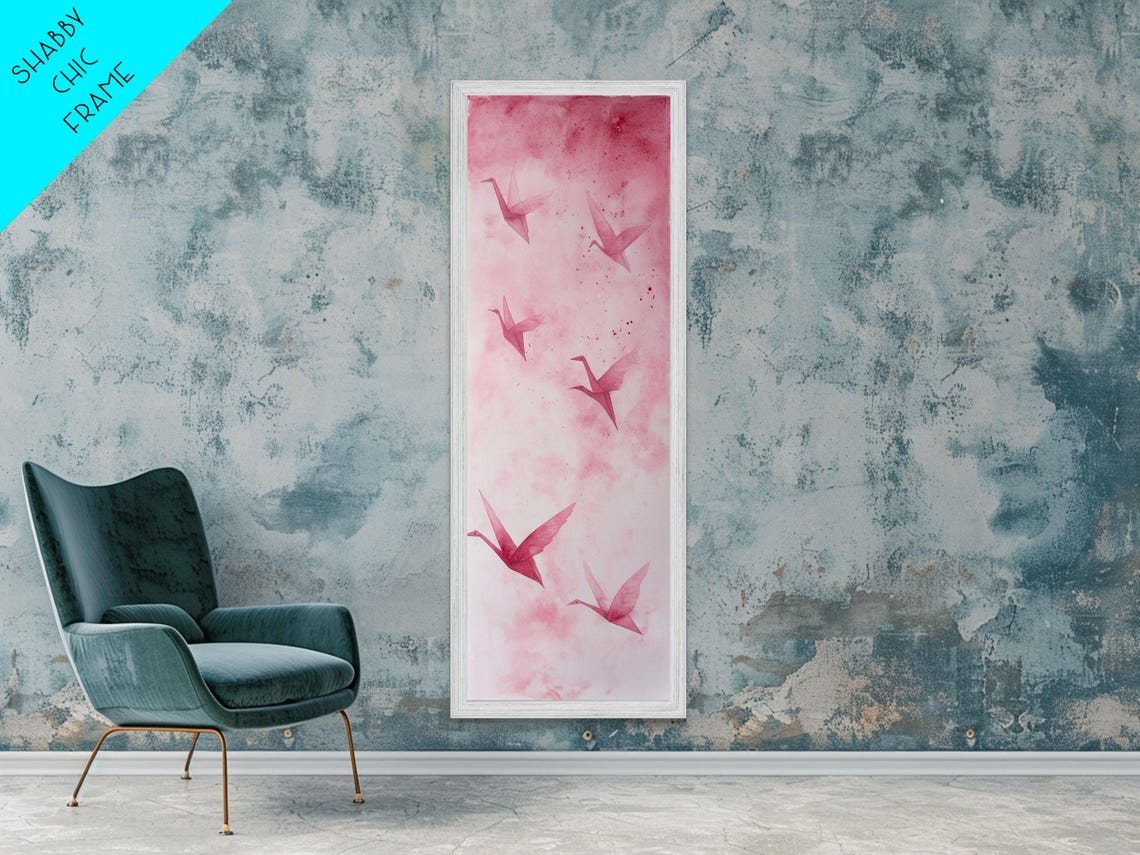 Pink Origami Cranes Flying Watercolor Minimalist Zen Art Poster - Image 4