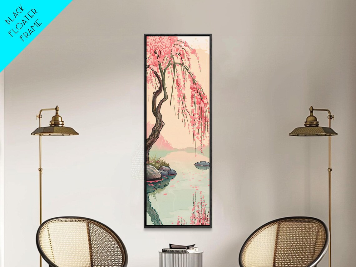 Serene Weeping Cherry Tree With Gentle Reflections In Water Skinny Art Japanese Wall Decor Framed Print Ukiyo E Style - Image 3
