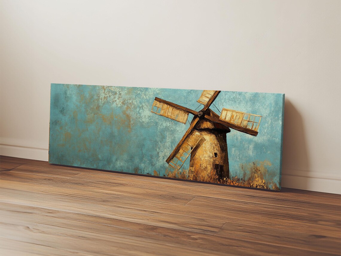 Rustic Stone Windmill Teal Sky Painterly Farmhouse Panoramic Landscape Poster - Image 3