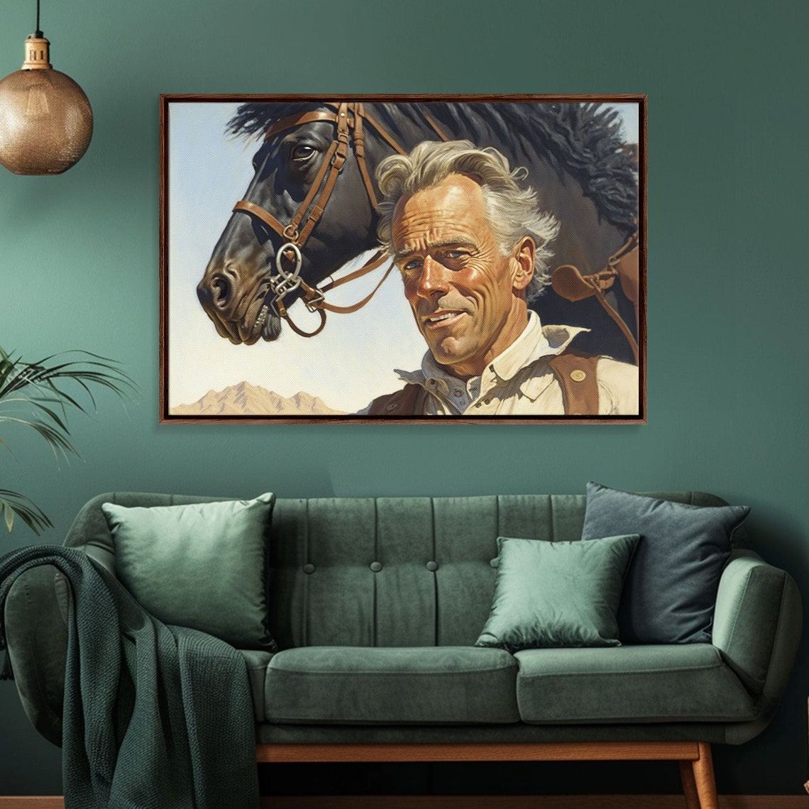 Weathered Cowboy Portrait Black Horse Desert Mountains Western Poster