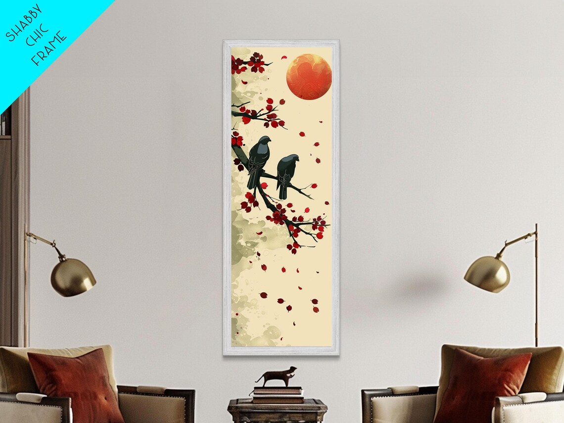Two Blackbirds Red Berries Branch Big Red Sun Japanese Poster - Image 6