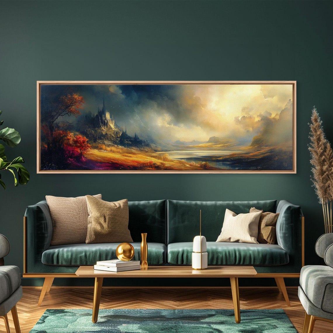 Dark Fantasy Castle On Cliff Golden Storm Clouds Valley Poster - Image 3