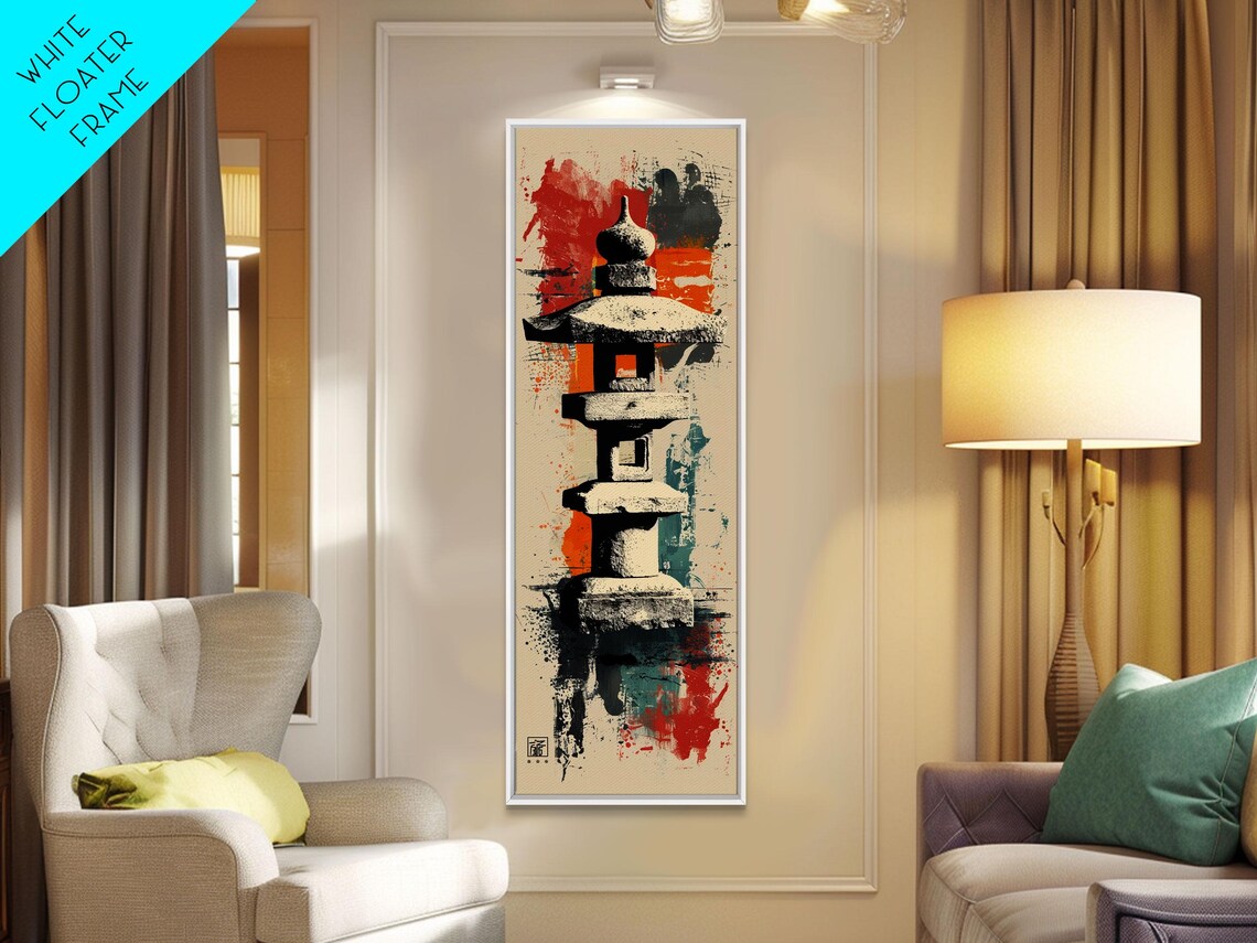Japanese Stone Lantern Abstract Red Black Ink Grunge Tall Vertical Wall Art Poster - Image 4