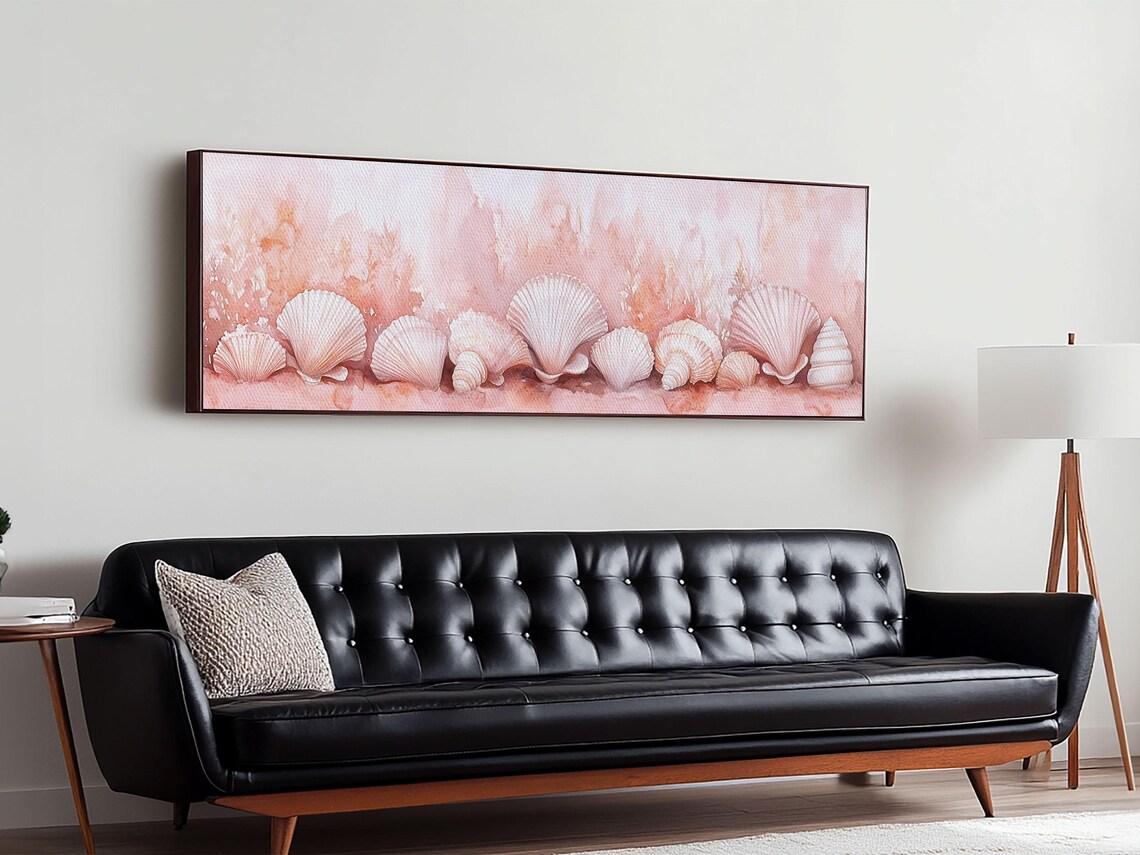 Blush Pink Seashells Row Watercolor Coastal Beach Panoramic Canvas Art Poster - Image 3