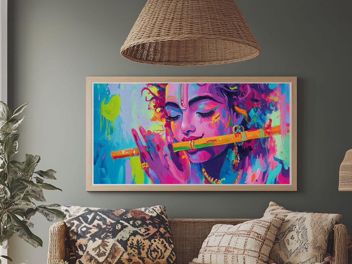Krishna Playing Flute Vibrant Abstract Hindu Portrait Art Poster - Image 3