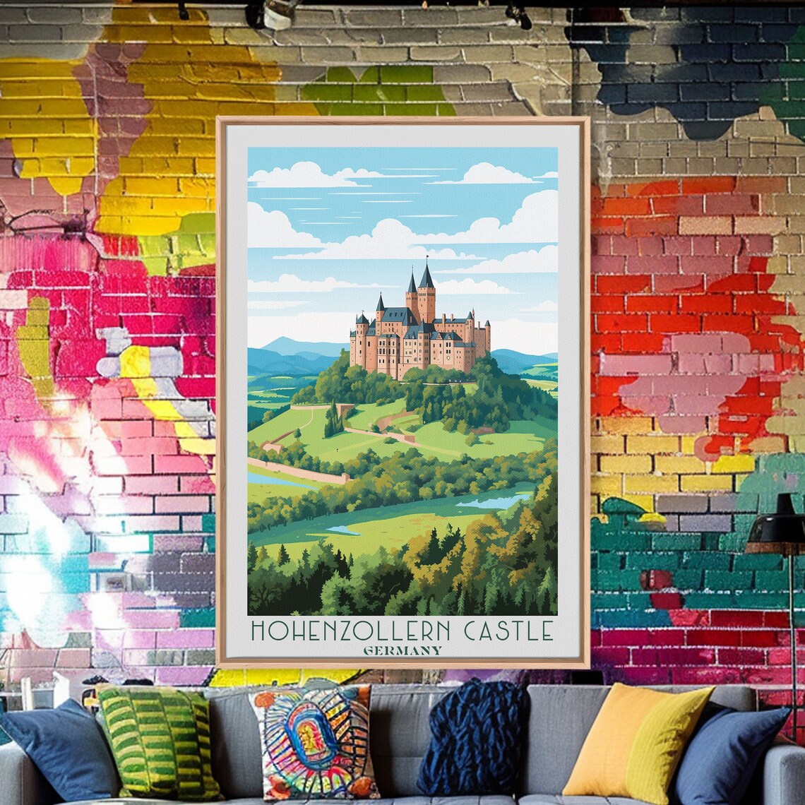 Hohenzollern Castle Germany Hilltop Fortress Green Valley Retro Poster