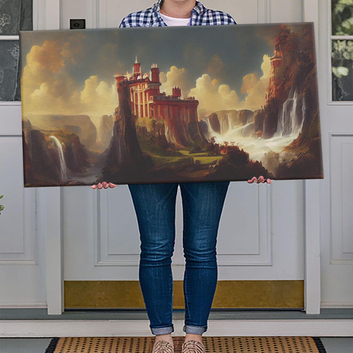 Fantasy Wall Art Print Castle In The Sky Castle Atop Mountains And Waterfalls Watercolor - Image 4