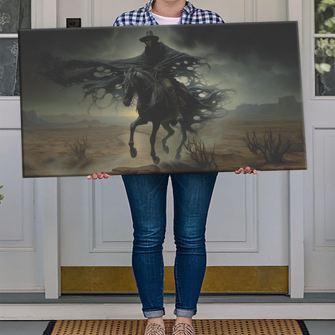 Grim Reaper Cowboy Riding Black Horse Through Dark Desert Poster - Image 4