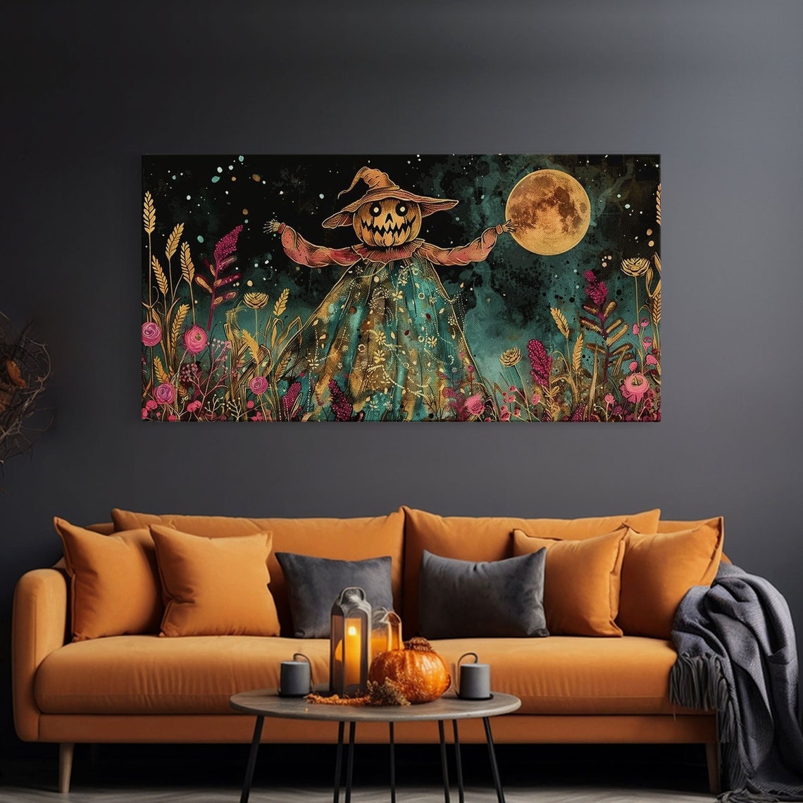 Jack O Lantern Scarecrow In Colorful Night Flower Field Art Print - Image 3